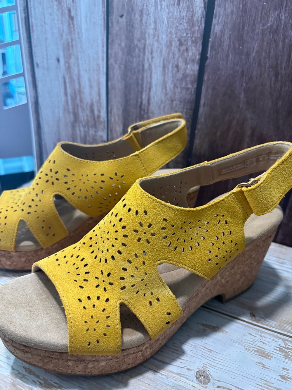 Clarks Yellow Suede Giselle Bay Laser-Cut Slingback Sandals